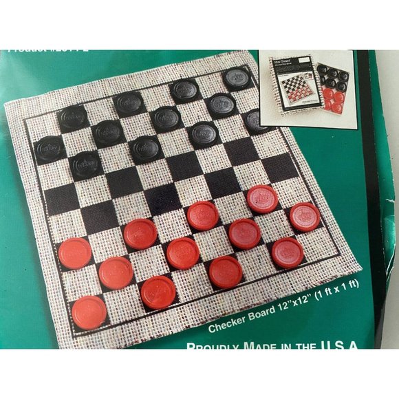 Checkers Board Game with Rug Board 12" x 12½”  12 Black 12 Red Checkers Vintage - Picture 4 of 16